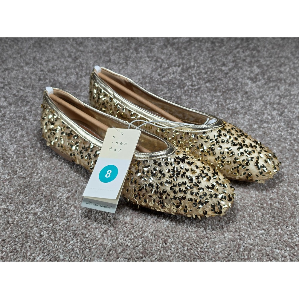 A New Day Sammie Sequin Ballet Flats Champagne Gold Mesh Almond Toe Womens 8
